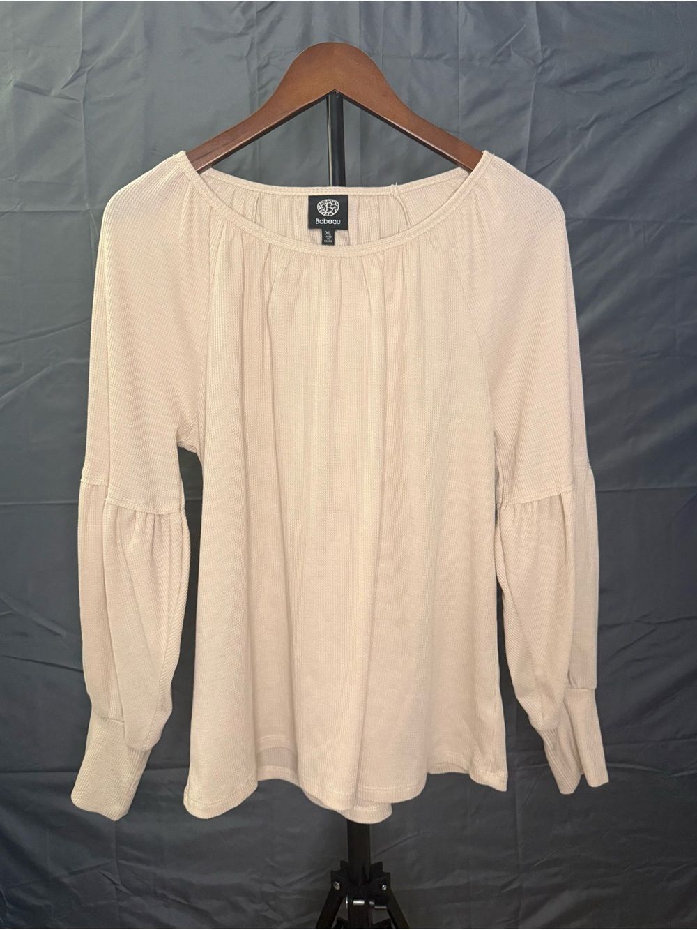 Bobeau Cream Ribbed Knit Puff Ballon Sleeve Top